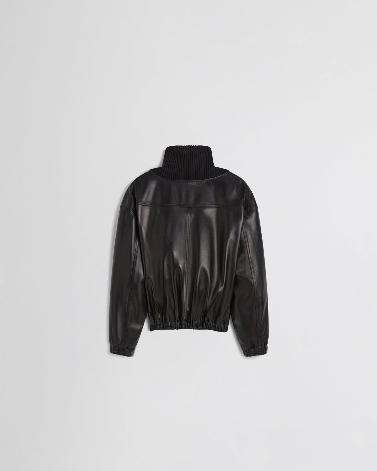 Back view of RIB NECK JACKET in black leather