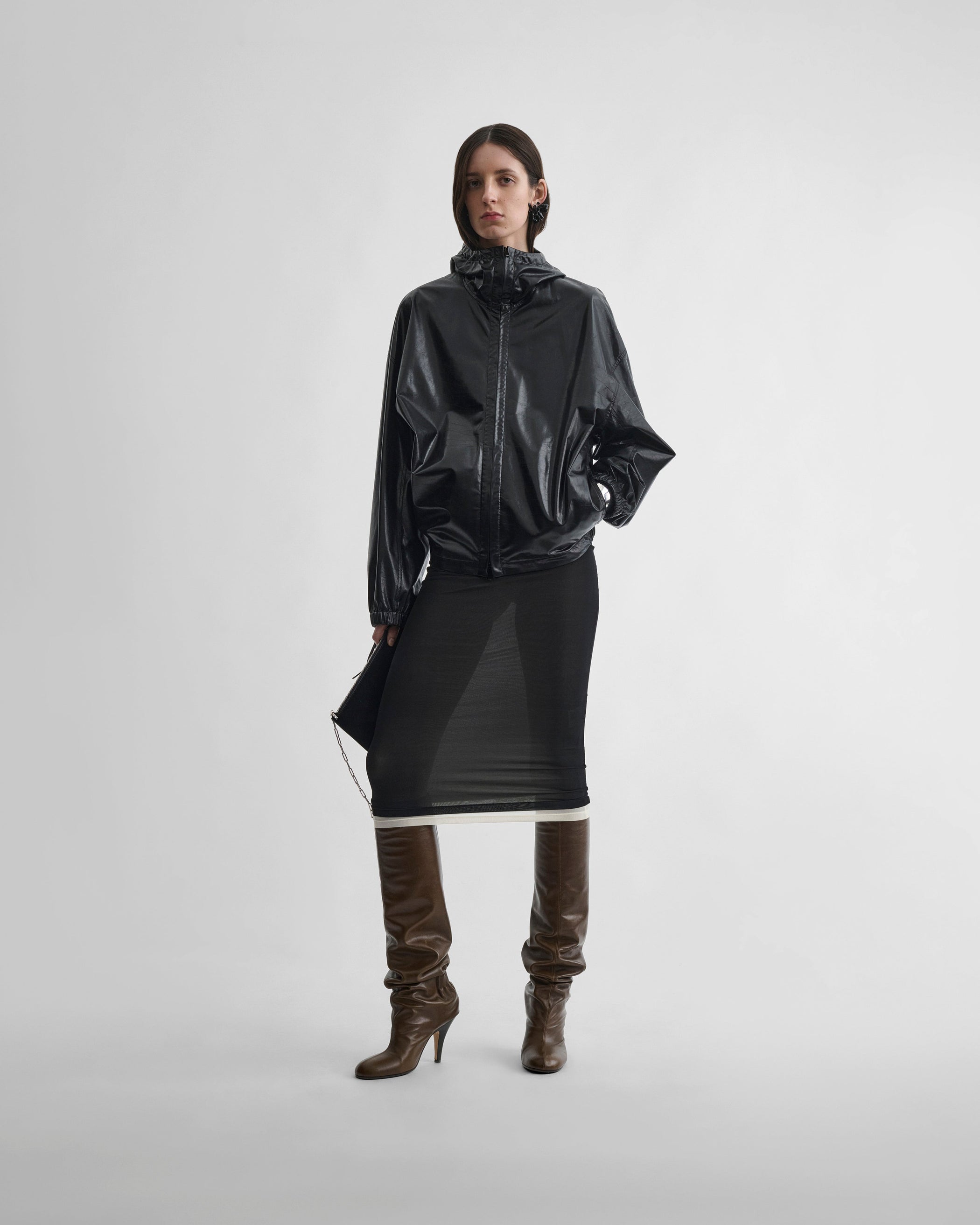 Front view of model wearing ANORAK in black leather