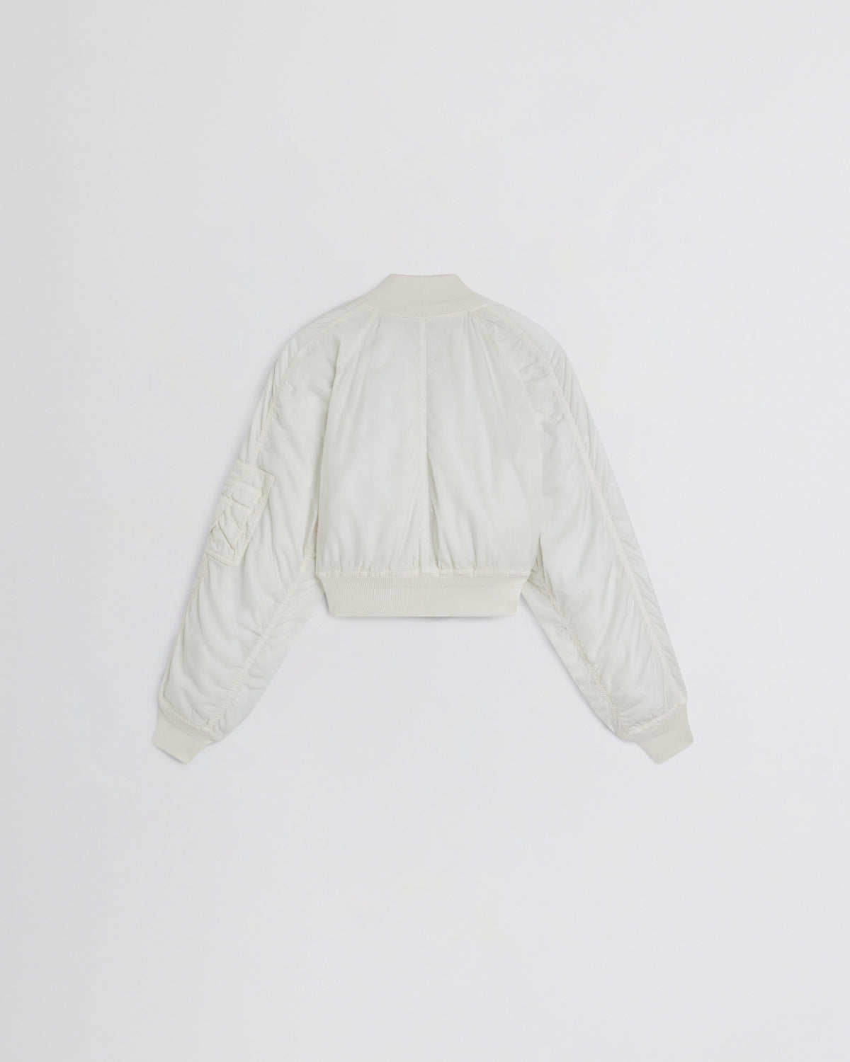 Flat back view of WASHED BOMBER in plaster white nylon