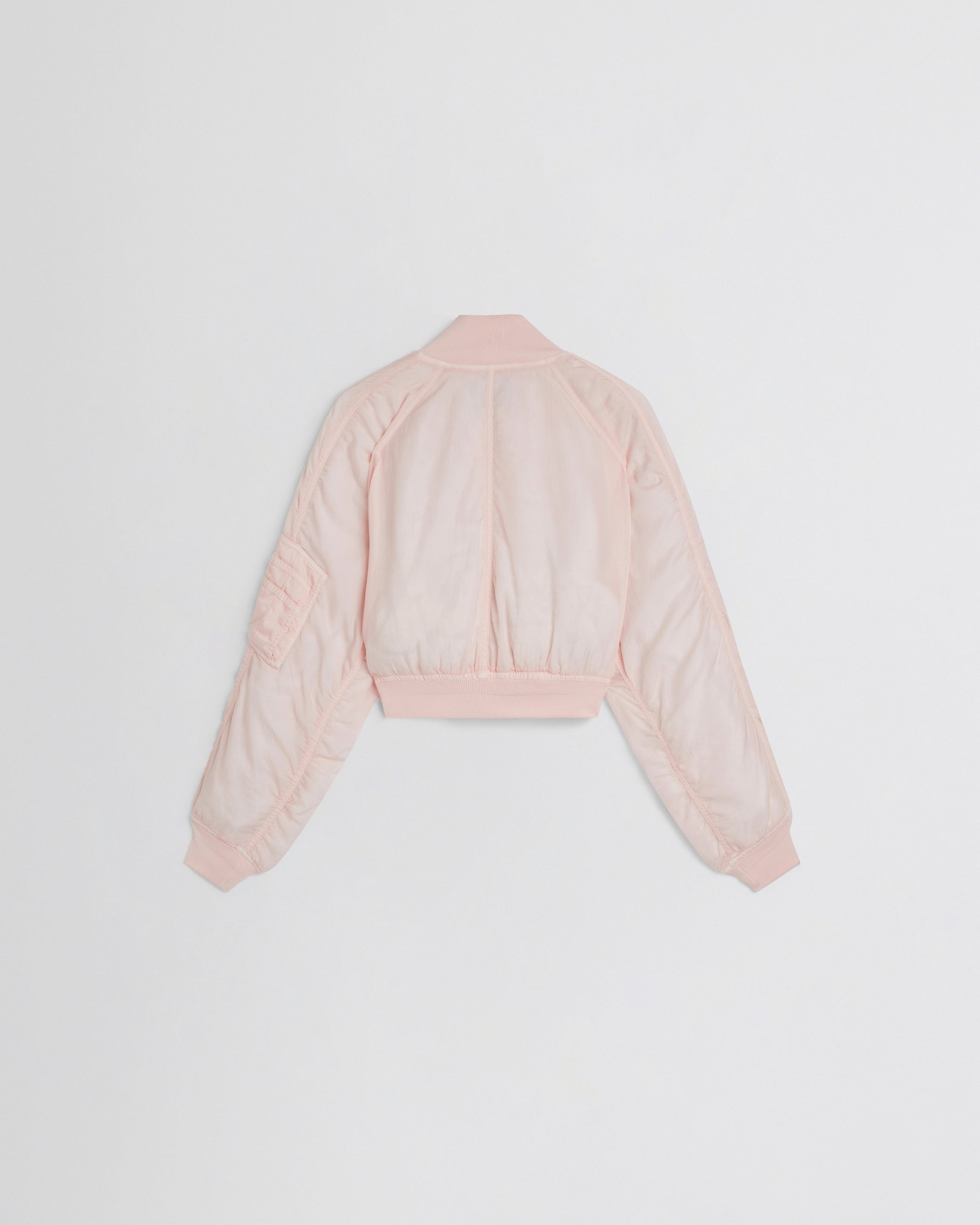 Back view of WASHED BOMBER in pale pink nylon